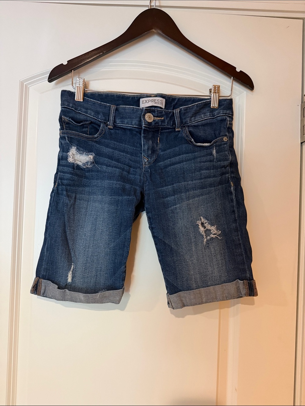 Express Dark Blue Distressed Denim Bermuda Shorts Size 0